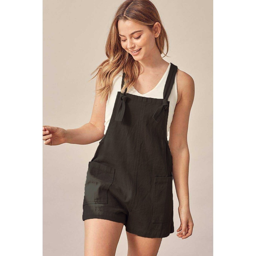 Miou Muse Tarah Linen Cotton Short Overalls Boho Summer Romper Black Women L